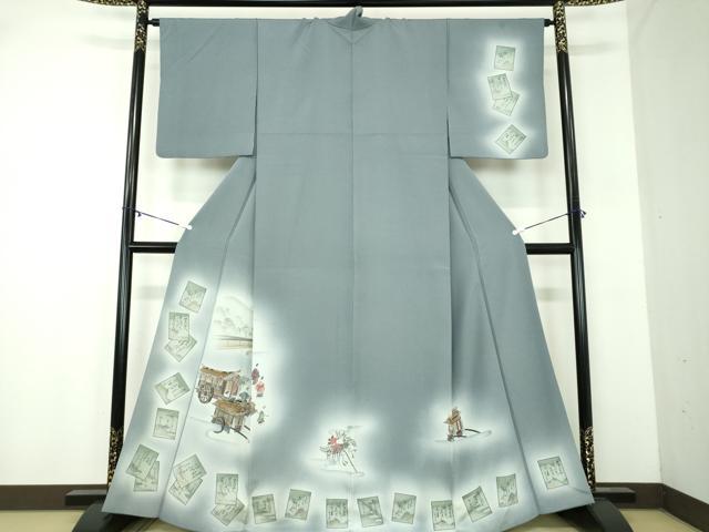 平和屋着物●訪問着　百人一首　カルタ　御所車人物風景文　暈し染め　金彩　正絹　逸品　DABA1962ps