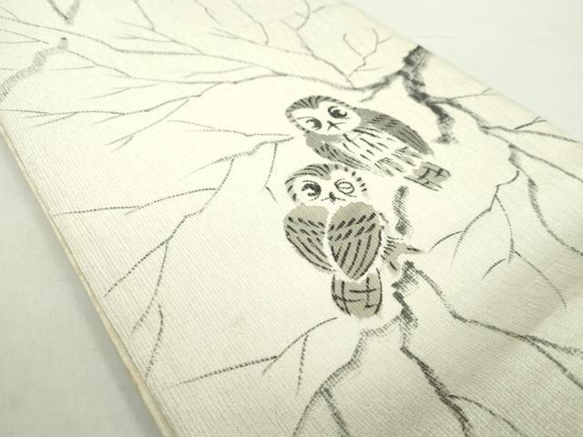 平和屋着物●両面　全通柄袋帯　手描き　梟　銀通し地　正絹　逸品　DABA1983ps