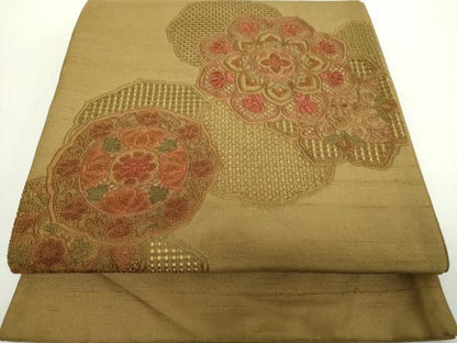 平和屋着物●中国三大刺繍　スワトウ相良刺繍　汕頭相良刺繍　総刺繍　太鼓柄袋帯　紬地　正倉院花文　正絹　逸品　DABA1986ps