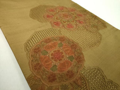 平和屋着物●中国三大刺繍　スワトウ相良刺繍　汕頭相良刺繍　総刺繍　太鼓柄袋帯　紬地　正倉院花文　正絹　逸品　DABA1986ps