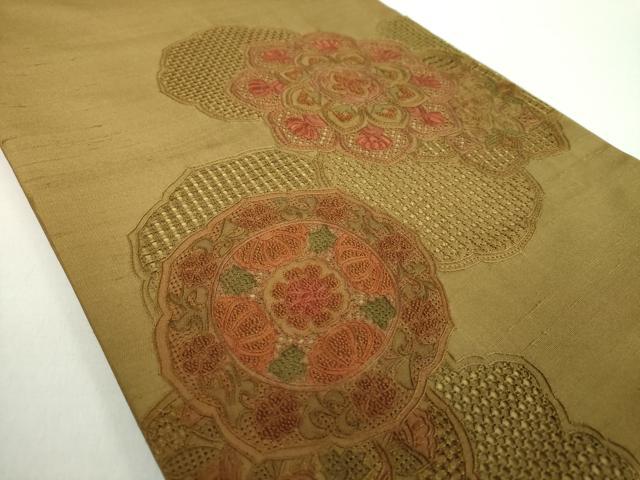 平和屋着物●中国三大刺繍　スワトウ相良刺繍　汕頭相良刺繍　総刺繍　太鼓柄袋帯　紬地　正倉院花文　正絹　逸品　DABA1986ps
