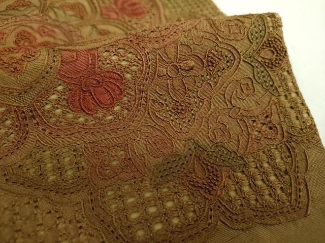 平和屋着物●中国三大刺繍　スワトウ相良刺繍　汕頭相良刺繍　総刺繍　太鼓柄袋帯　紬地　正倉院花文　正絹　逸品　DABA1986ps
