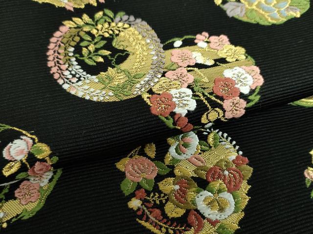 平和屋着物●西陣の老舗　1782年創業　山下織物　六通柄袋帯　唐織　豊公観梅　黒地　金糸　正絹　逸品　DABA1987ps