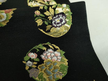 平和屋着物●西陣の老舗　1782年創業　山下織物　六通柄袋帯　唐織　豊公観梅　黒地　金糸　正絹　逸品　DABA1987ps