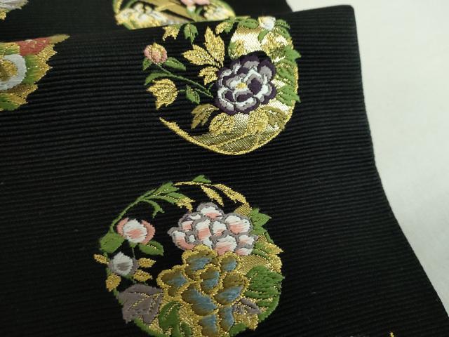 平和屋着物●西陣の老舗　1782年創業　山下織物　六通柄袋帯　唐織　豊公観梅　黒地　金糸　正絹　逸品　DABA1987ps