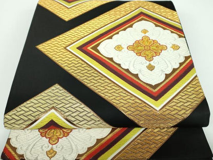 平和屋着物●西陣　河合美術織物謹製　六通柄袋帯　花菱文　黒地　金糸　正絹　逸品　DABA1997ps