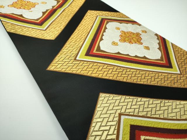 平和屋着物●西陣　河合美術織物謹製　六通柄袋帯　花菱文　黒地　金糸　正絹　逸品　DABA1997ps