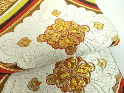 平和屋着物●西陣　河合美術織物謹製　六通柄袋帯　花菱文　黒地　金糸　正絹　逸品　DABA1997ps