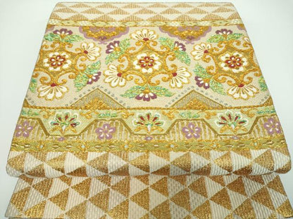 平和屋着物●六通柄袋帯 作家物 横段花文 金銀糸 正絹 逸品 DABA1999ps