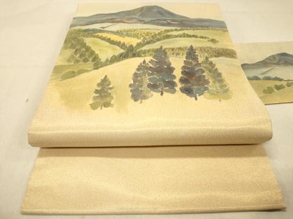 平和屋着物◎九寸名古屋帯　手描き　風景文　金糸　正絹　逸品　DABA2008jm