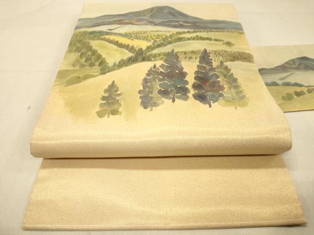 平和屋着物◎九寸名古屋帯　手描き　風景文　金糸　正絹　逸品　DABA2008jm