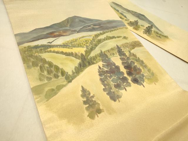平和屋着物◎九寸名古屋帯　手描き　風景文　金糸　正絹　逸品　DABA2008jm
