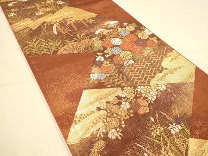平和屋着物◎六通柄袋帯　唐織　山水菊蒔絵　金糸　引箔　正絹　逸品　DABA2028jm