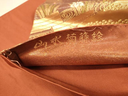 平和屋着物◎六通柄袋帯　唐織　山水菊蒔絵　金糸　引箔　正絹　逸品　DABA2028jm