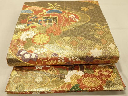 平和屋着物◎佐賀錦 六通柄袋帯 唐織 流水御所車花文 金糸 正絹 逸品 DABA2035jm