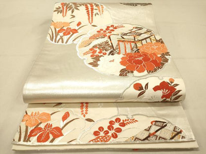 平和屋着物◎六通柄袋帯 唐織 能衣鏡裏文 雪輪 銀糸 正絹 逸品 DABA2063jm