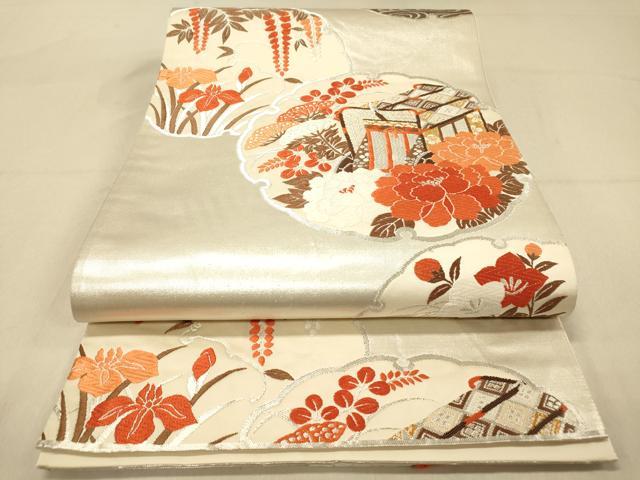 平和屋着物◎六通柄袋帯 唐織 能衣鏡裏文 雪輪 銀糸 正絹 逸品 DABA2063jm