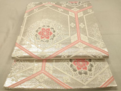 平和屋着物◎六通柄袋帯　唐織　亀甲正倉院花文　銀糸　正絹　逸品　DABA2068jm