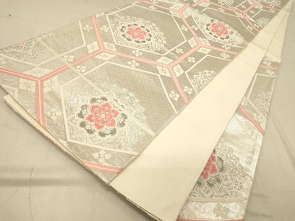 平和屋着物◎六通柄袋帯　唐織　亀甲正倉院花文　銀糸　正絹　逸品　DABA2068jm