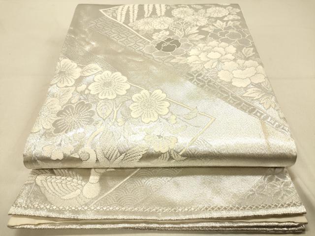 平和屋着物◎六通柄袋帯　色紙重ね花鳥文　プラチナ銀箔二重織　正絹　逸品　DABA2074jm