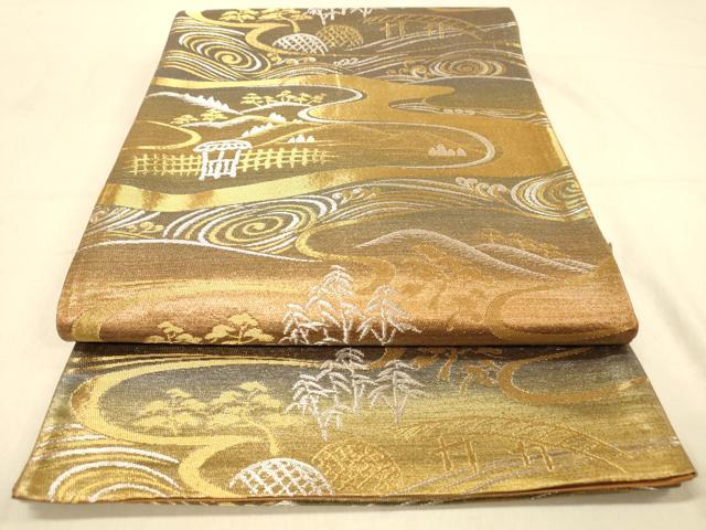 平和屋着物◎六通柄袋帯　風景松文　金銀糸　正絹　逸品　DABA2080jm