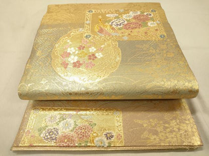 平和屋着物◎佐賀錦　六通柄袋帯　孔雀花文　金糸　正絹　逸品　DABA2087jm