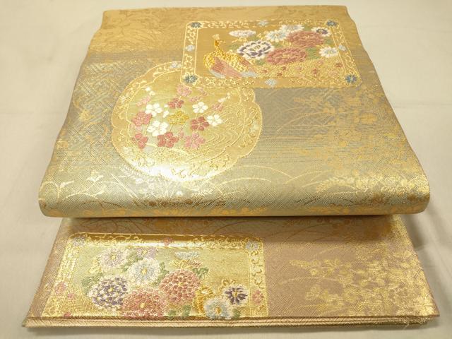 平和屋着物◎佐賀錦　六通柄袋帯　孔雀花文　金糸　正絹　逸品　DABA2087jm
