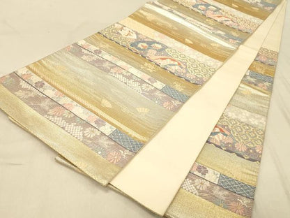 平和屋着物◎六通柄袋帯　横段吉祥花文　金銀糸　正絹　逸品　DABA2095jm