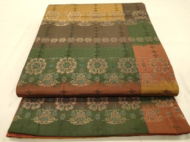 平和屋着物◎全通柄袋帯　横段草花文　金糸　正絹　逸品　DABA2116jm