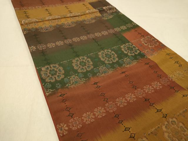 平和屋着物◎全通柄袋帯　横段草花文　金糸　正絹　逸品　DABA2116jm