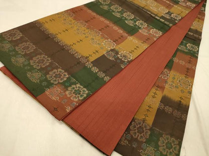 平和屋着物◎全通柄袋帯　横段草花文　金糸　正絹　逸品　DABA2116jm