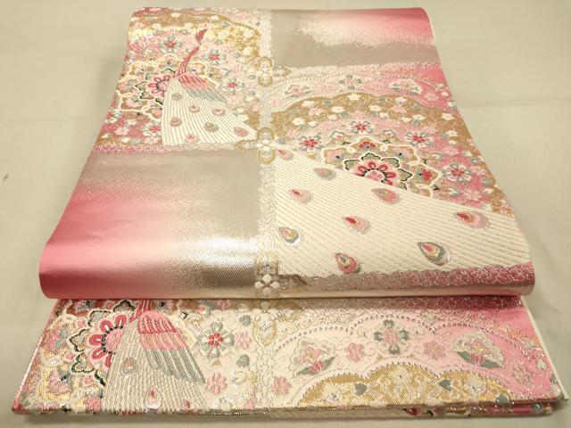 平和屋着物◎六通柄袋帯　市松模様　金銀糸　正絹　逸品　DABA2117jm