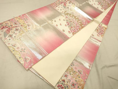 平和屋着物◎六通柄袋帯　市松模様　金銀糸　正絹　逸品　DABA2117jm