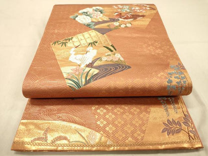 平和屋着物◎六通柄袋帯　唐織　地紙鴛鴦花文　金糸　正絹　逸品　DABA2133jm