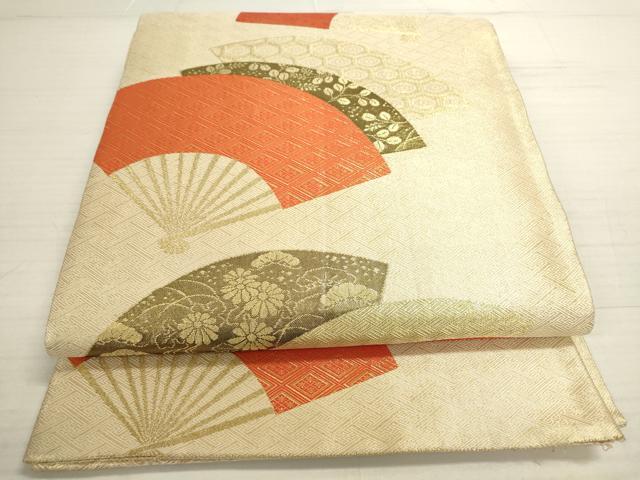 平和屋着物◎佐賀錦　両面　六通柄袋帯　扇面花文　金糸　正絹　逸品　DABA2137ya