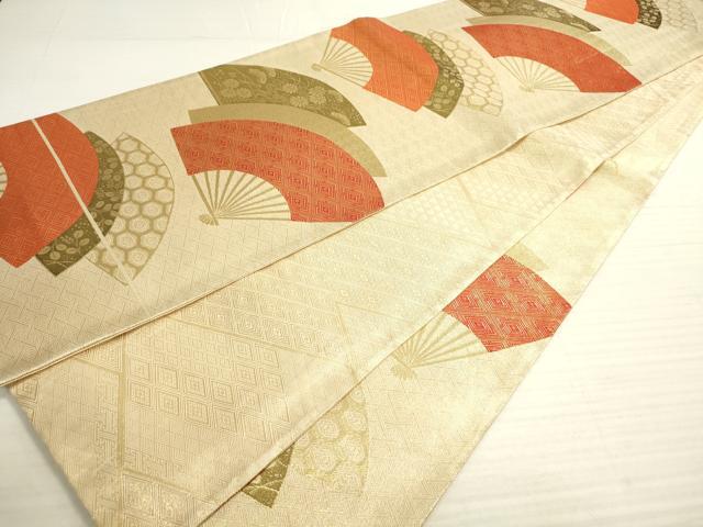 平和屋着物◎佐賀錦　両面　六通柄袋帯　扇面花文　金糸　正絹　逸品　DABA2137ya