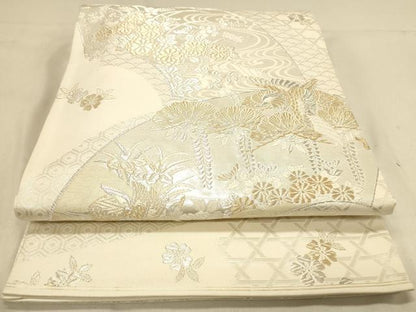 平和屋着物◎全通柄袋帯　美保姿　花鳥文　正絹　逸品　DABA2153ya