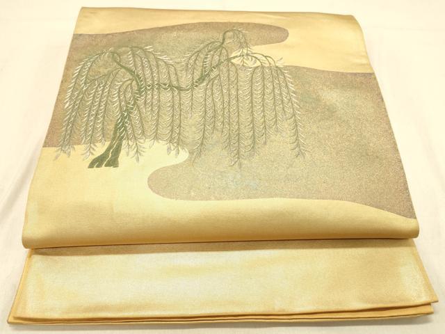 平和屋着物◎太鼓柄袋帯　刺繍　枝葉文　金彩　正絹　逸品　DABA2156ya