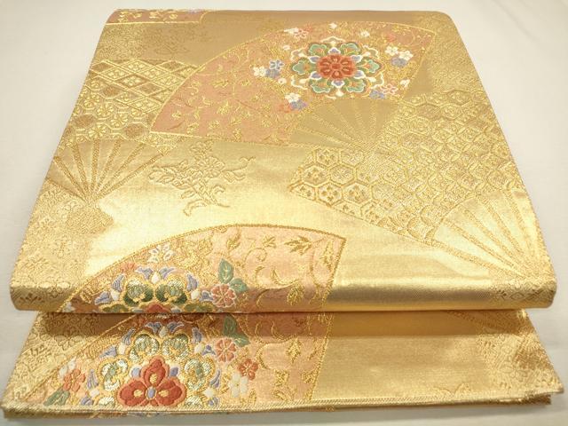 平和屋着物◎六通柄袋帯 唐織 華紋扇面 金糸 正絹 逸品 DABA2189ya