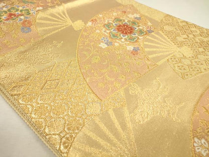 平和屋着物◎六通柄袋帯 唐織 華紋扇面 金糸 正絹 逸品 DABA2189ya