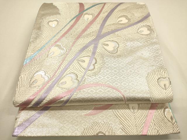 平和屋着物◎六通柄袋帯 唐織 孔雀羽文 銀糸 正絹 逸品 DABA2190ya