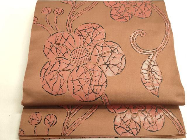 平和屋着物◎六通柄袋帯　椿　正絹　逸品　DABA2216ya