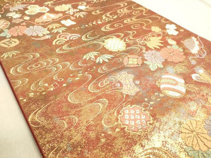 平和屋着物◎六通柄袋帯　流水宝づくし文　金糸　引箔　正絹　逸品　DABA2221ya