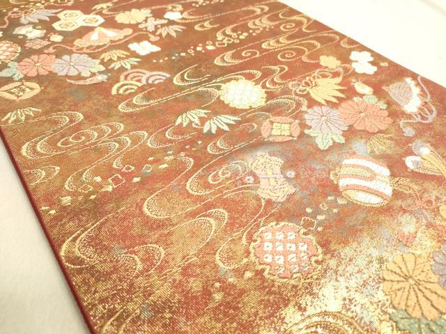平和屋着物◎六通柄袋帯　流水宝づくし文　金糸　引箔　正絹　逸品　DABA2221ya