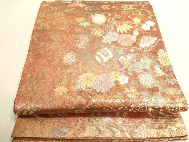 平和屋着物◎六通柄袋帯　流水宝づくし文　金糸　引箔　正絹　逸品　DABA2221ya