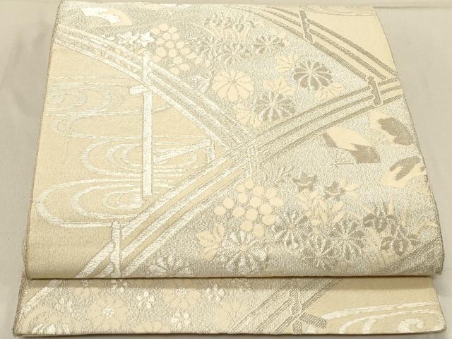 平和屋着物◎六通柄袋帯　渡橋花文　銀糸　正絹　逸品　DABA2250ya