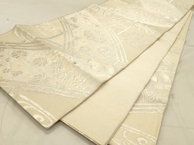 平和屋着物◎六通柄袋帯　渡橋花文　銀糸　正絹　逸品　DABA2250ya
