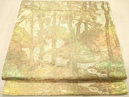 平和屋着物◎六通柄袋帯　樹林風景文　金糸　正絹　逸品　DABA2326ya