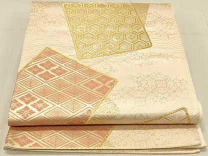 平和屋着物◎六通柄袋帯 吉祥色紙文 金糸 正絹 逸品 DABA2343ya