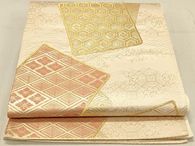 平和屋着物◎六通柄袋帯 吉祥色紙文 金糸 正絹 逸品 DABA2343ya